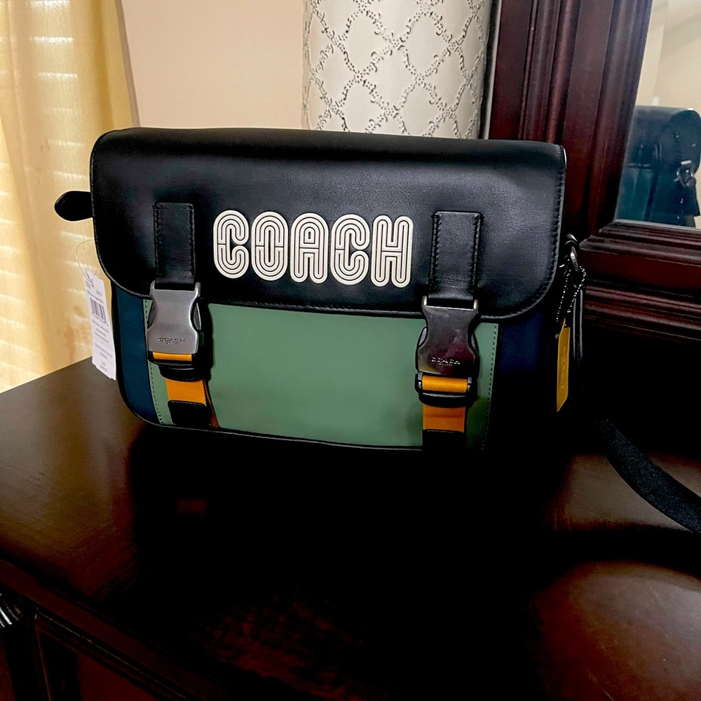 Coach large smooth leather crossbody. Black, green, and yellow.
